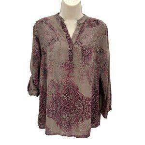 Boho Gray Purple Paisley Print Top Roll-Tab Sleeves Women’s L